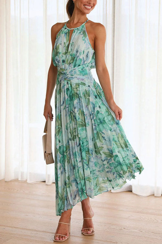 ELEGANT WOMEN'S MIDI DRESS WITH PLEATS AND FLORAL LACE NECKLINE