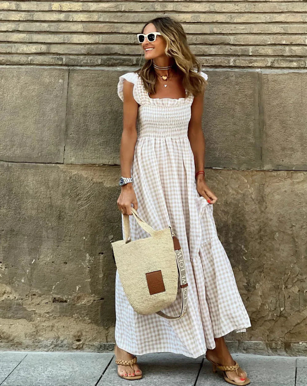 FLEURINNA™ – LONG DRESS WITH RUFFLED SLEEVES AND GINGHAM FRILLS