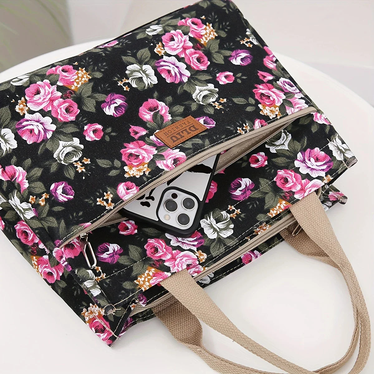 FLORA BLOOM™ — DURABLE FLORAL PRINT TOTE BAG WITH ZIP CLOSURE